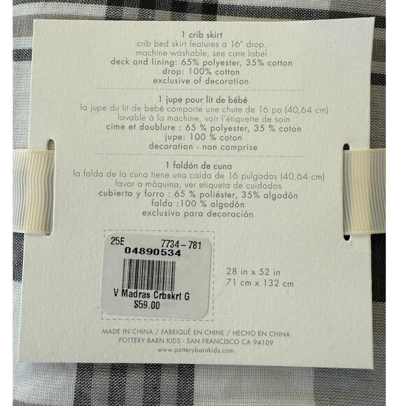 NWT POTTERY BARN Baby MADRAS CRIB SKIRT GRAY PLAID. SIZE 28" x 52" Cottage - Picture 4 of 4